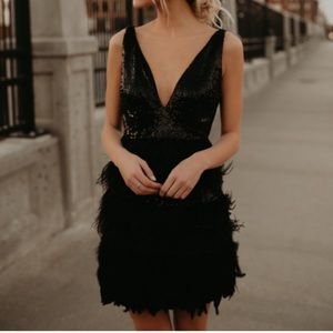 Black Sequin and Feather Cocktail Dress